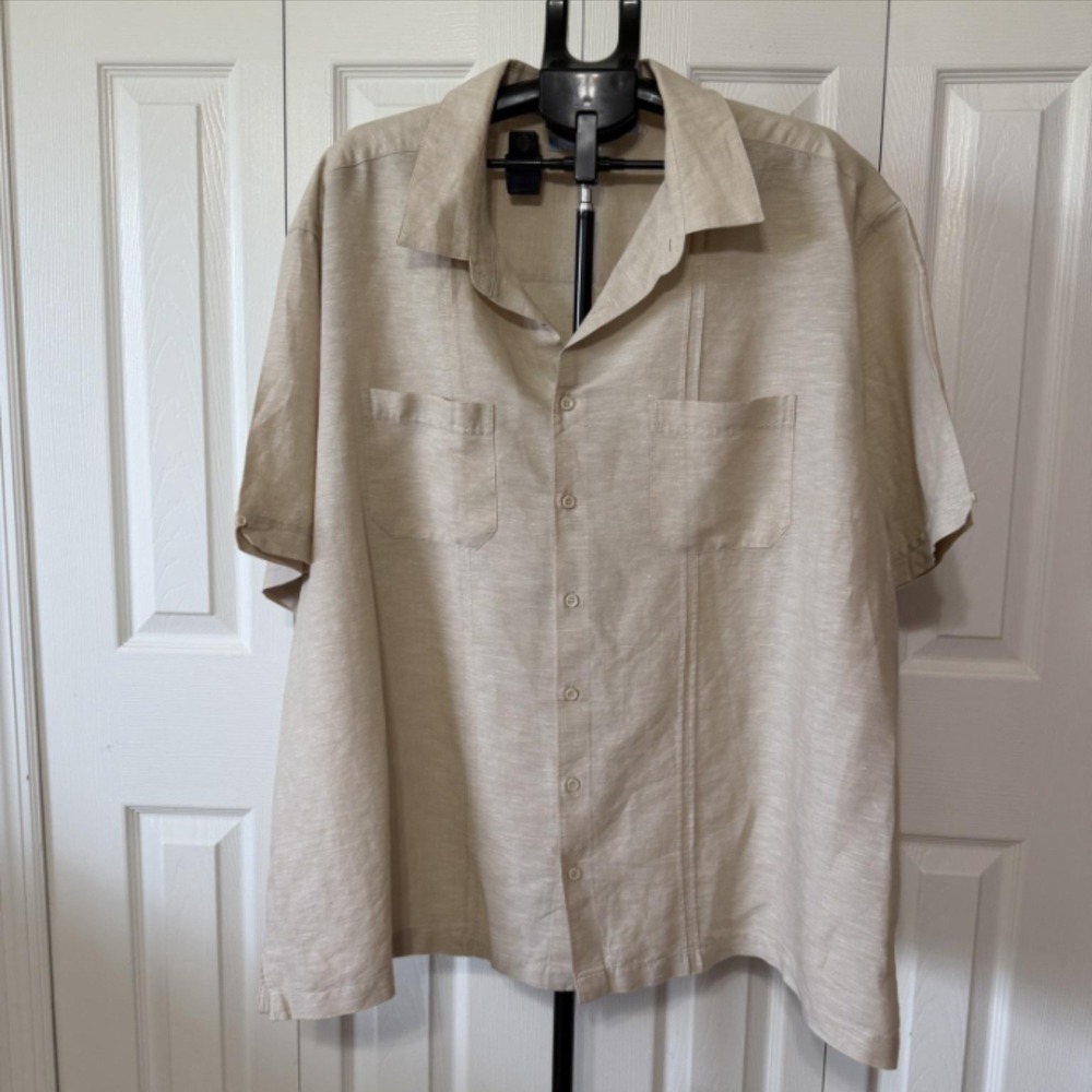 Cafe Luna Shirt Mens 3XL Beige Camp Linen Cotton Short Sleeve Button Up Casual
